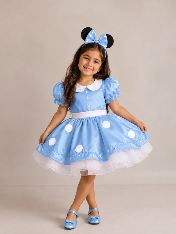 TinyTulle Charming Red Satin Flower Girl Dress with Puff Sleeves, Peter Pan Collar &amp; Polka Dot Skirt