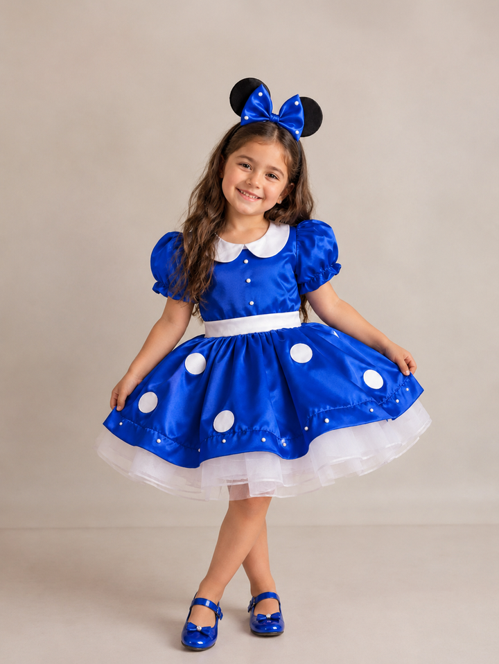TinyTulle Charming Red Satin Flower Girl Dress with Puff Sleeves, Peter Pan Collar &amp; Polka Dot Skirt