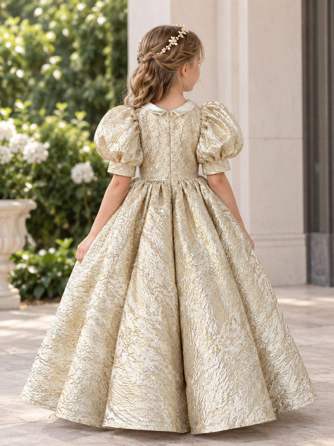 Elegant Champagne Gold Brocade Flower Girl Dress with Puff Sleeves and a Full Ball Gown Skirt