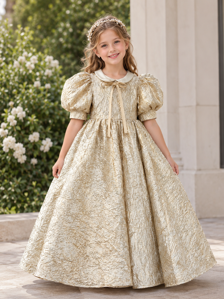 Elegant Champagne Gold Brocade Flower Girl Dress with Puff Sleeves and a Full Ball Gown Skirt