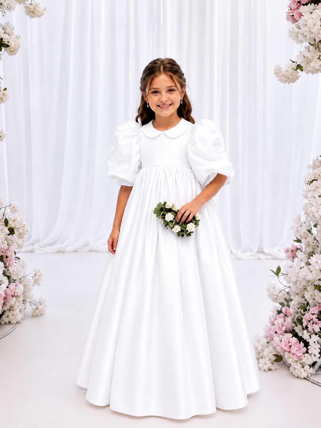 TinyTulle Elegant White Puff Sleeve High Waist Princess Flower Girl Dress for Wedding