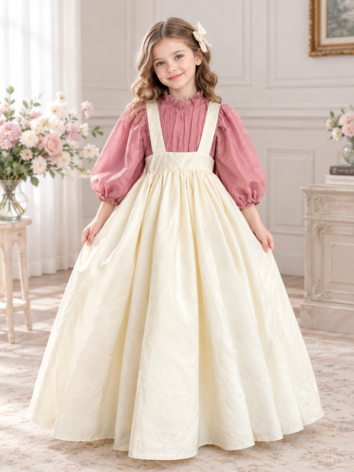 TinyTulle Vintage Rose &amp; Champagne Long Puff Sleeve Satin Flower Girl Dress