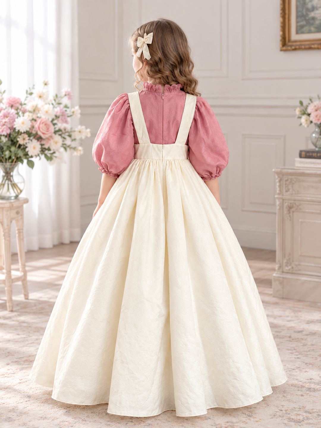 TinyTulle Vintage Rose &amp; Champagne Long Puff Sleeve Satin Flower Girl Dress