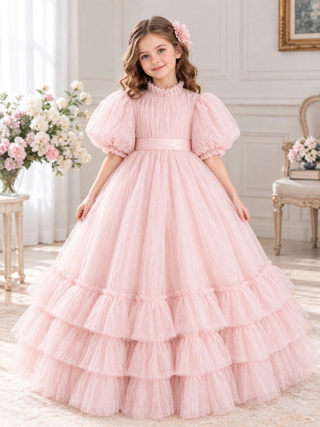 TinyTulle Navy Blue Tulle Flower Girl Dress with Puff Sleeves, Satin Waistband and Ruffled Hem