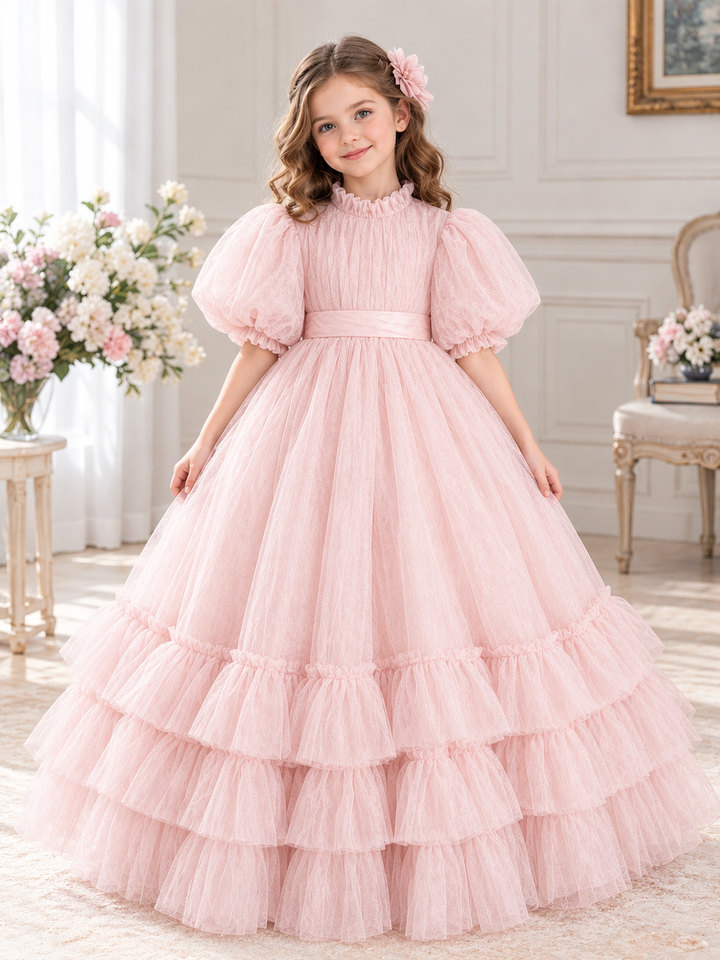TinyTulle Navy Blue Tulle Flower Girl Dress with Puff Sleeves, Satin Waistband and Ruffled Hem
