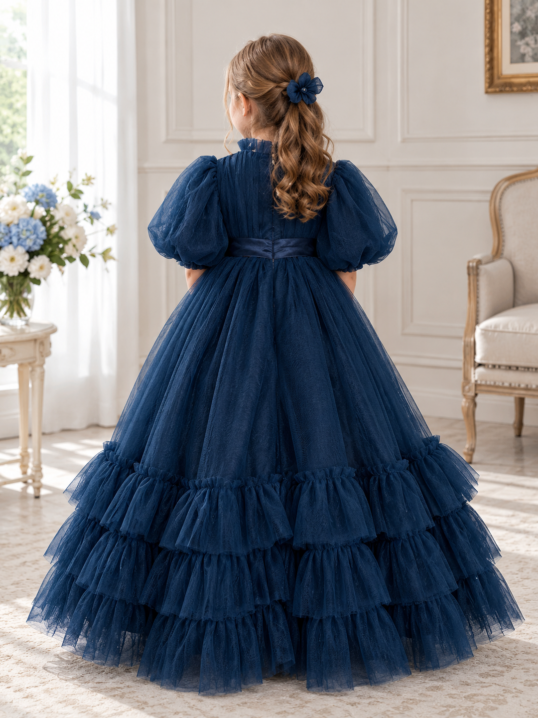 TinyTulle Navy Blue Tulle Flower Girl Dress with Puff Sleeves, Satin Waistband and Ruffled Hem