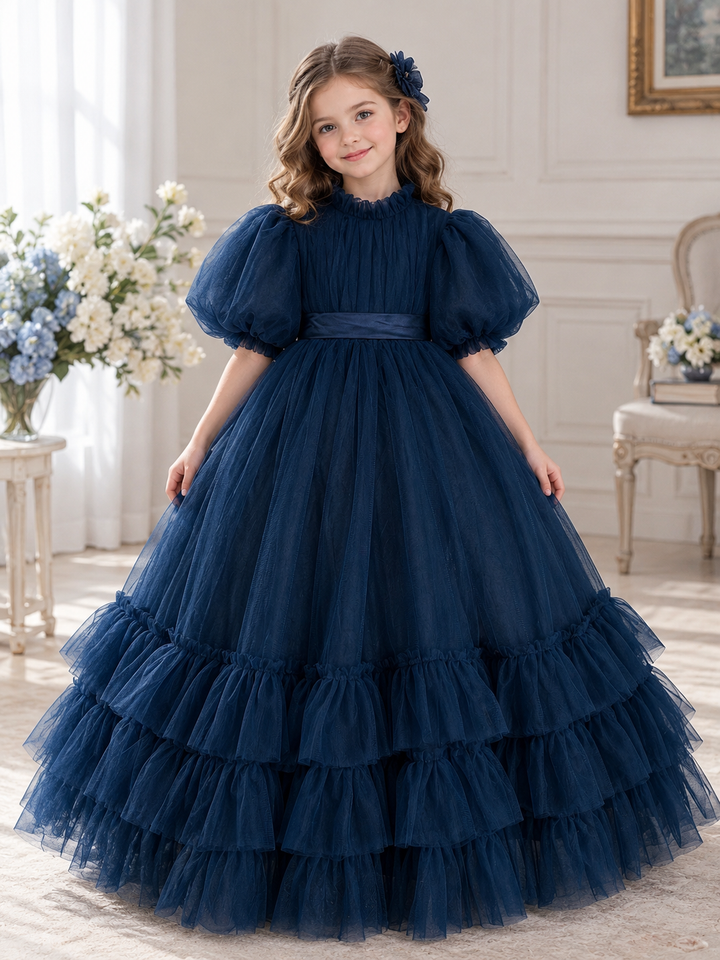 TinyTulle Navy Blue Tulle Flower Girl Dress with Puff Sleeves, Satin Waistband and Ruffled Hem