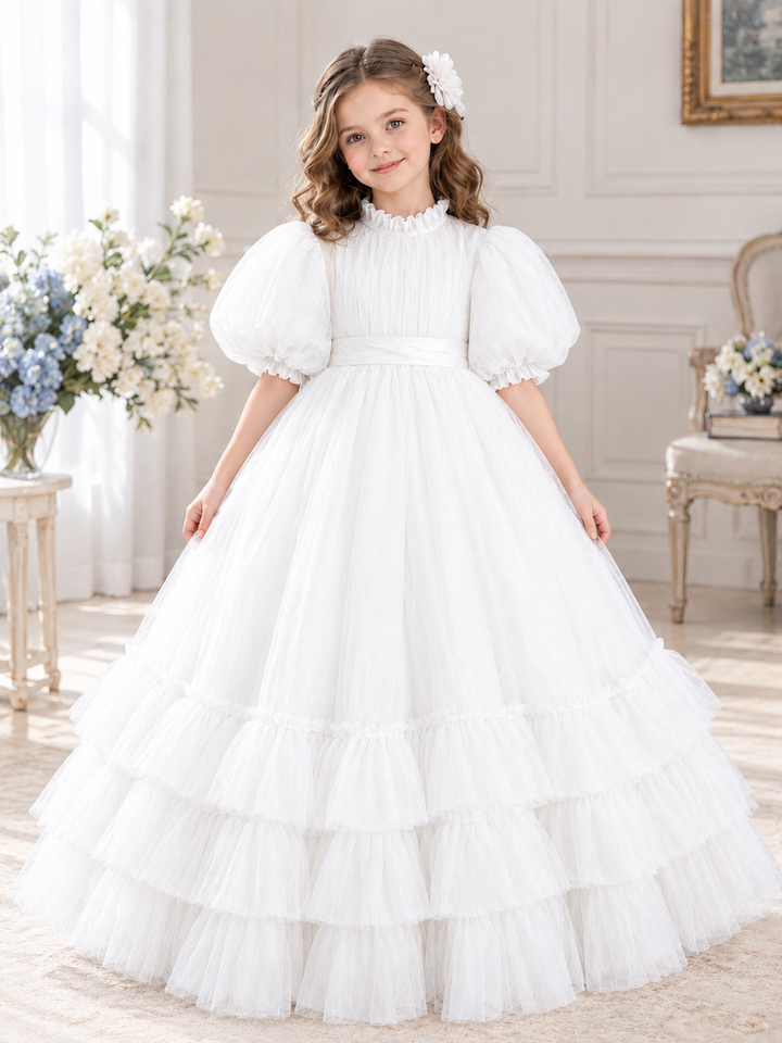 TinyTulle Navy Blue Tulle Flower Girl Dress with Puff Sleeves, Satin Waistband and Ruffled Hem