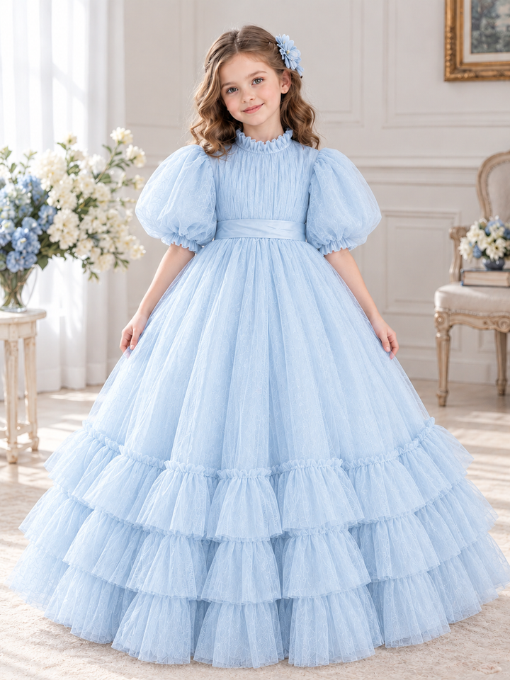 TinyTulle Navy Blue Tulle Flower Girl Dress with Puff Sleeves, Satin Waistband and Ruffled Hem