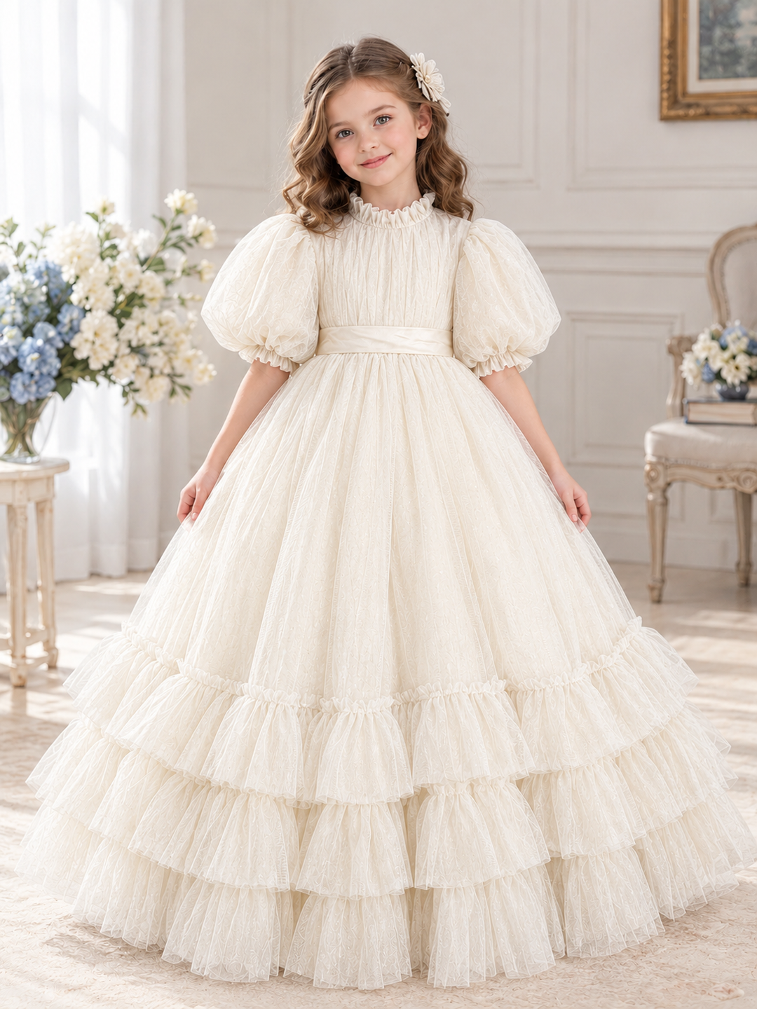 TinyTulle Navy Blue Tulle Flower Girl Dress with Puff Sleeves, Satin Waistband and Ruffled Hem