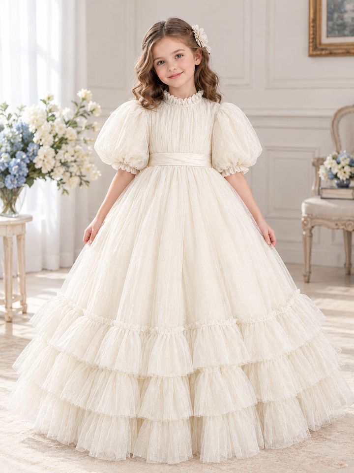 TinyTulle Navy Blue Tulle Flower Girl Dress with Puff Sleeves, Satin Waistband and Ruffled Hem