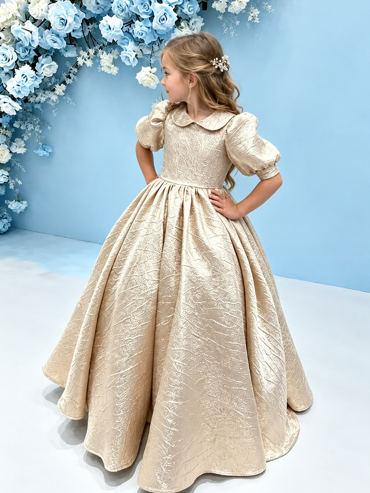 TinyTulle Elegant Champagne Gold Flower Girl Dress with Puff Sleeves and a Big Bow for Birthday Parties