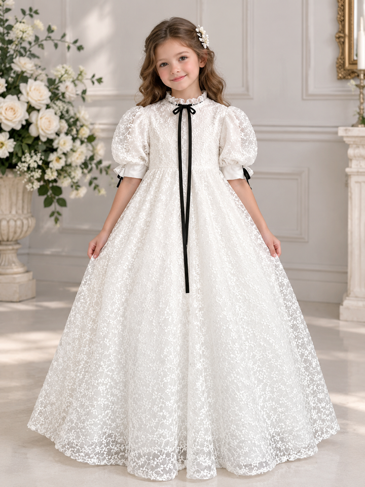 TinyTulle Ivory Floral Lace Flower Girl Dress with Ruffled High Neck for Weddings &amp; First Communion