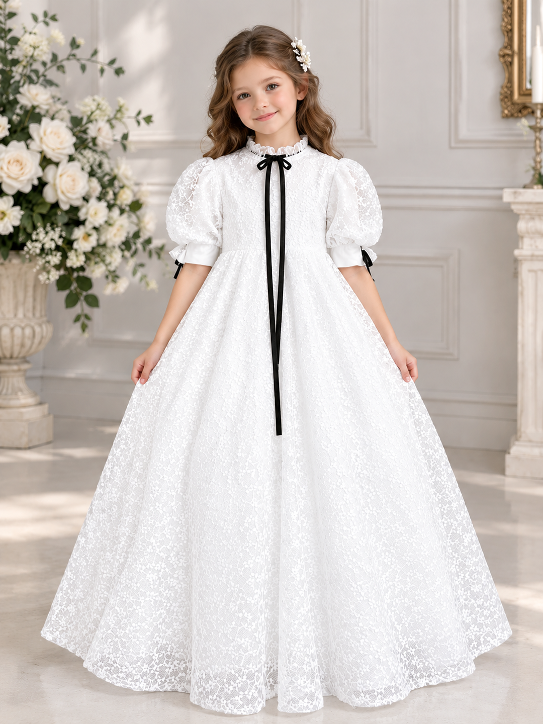 TinyTulle Ivory Floral Lace Flower Girl Dress with Ruffled High Neck for Weddings &amp; First Communion