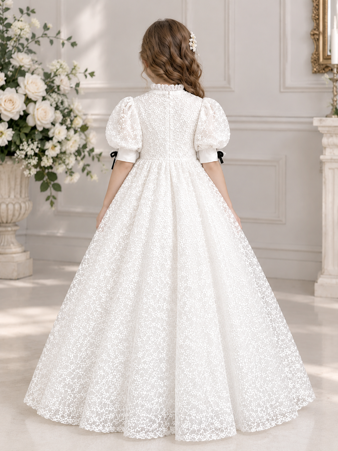 TinyTulle Ivory Floral Lace Flower Girl Dress with Ruffled High Neck for Weddings &amp; First Communion