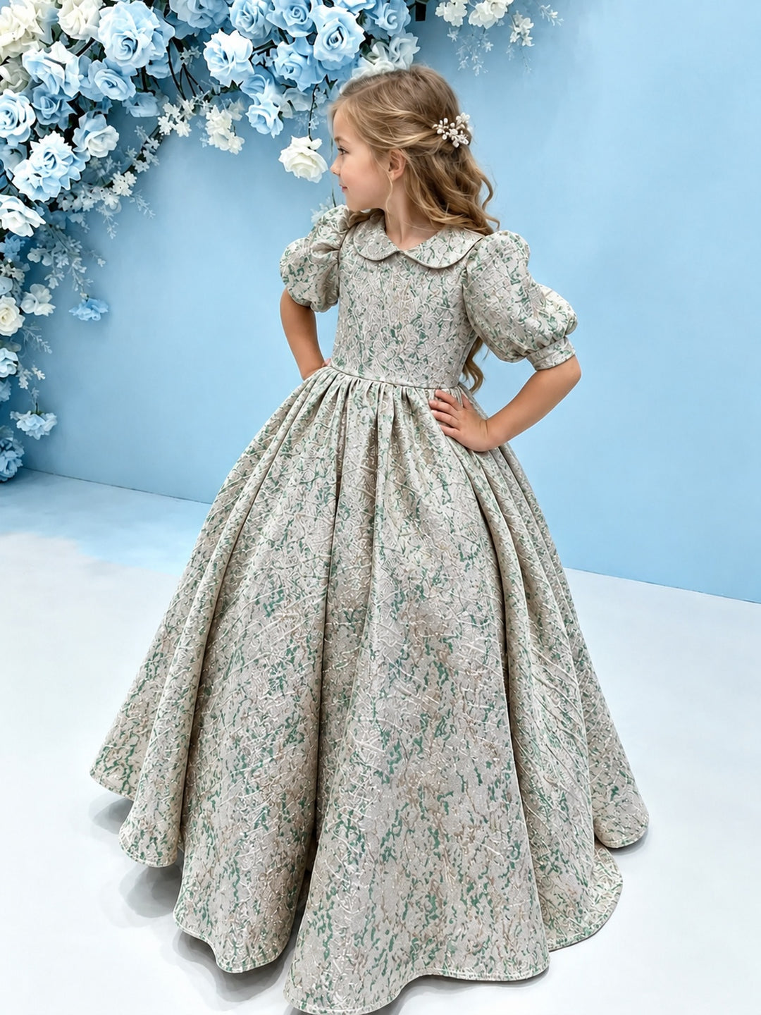 TinyTulle Elegant Champagne Gold Flower Girl Dress with Puff Sleeves and a Big Bow for Birthday Parties