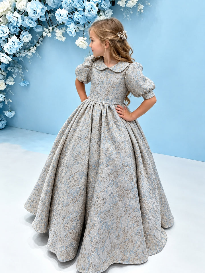 TinyTulle Elegant Champagne Gold Flower Girl Dress with Puff Sleeves and a Big Bow for Birthday Parties