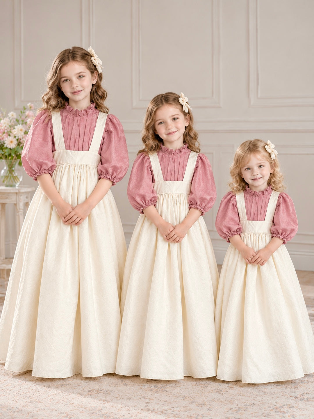TinyTulle Vintage Rose &amp; Champagne Long Puff Sleeve Satin Flower Girl Dress