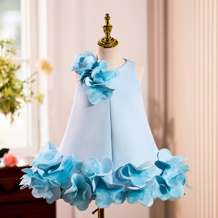 TinyTulle Elegant Ivory Satin Sleeveless Flower Girl Dress with Floral Details