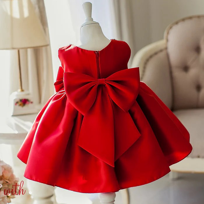 TinyTulle Red Satin A-Line Flower Girl Dress Birthday Dress with Bow &amp; Beaded Detail
