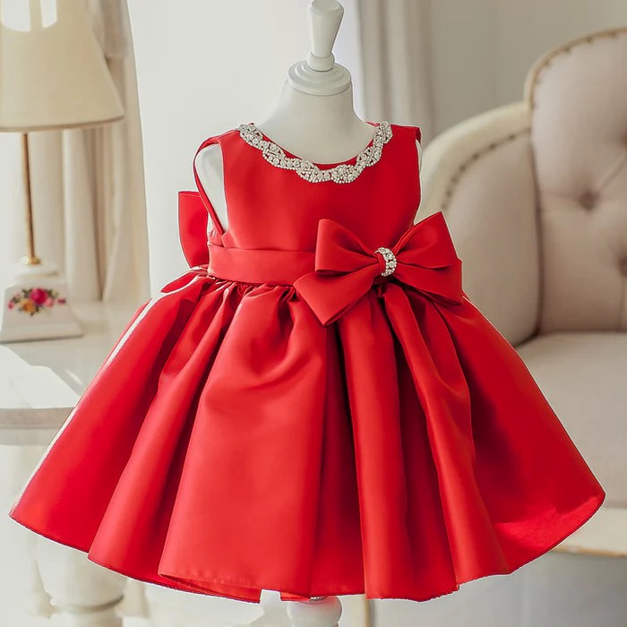 TinyTulle Red Satin A-Line Flower Girl Dress Birthday Dress with Bow &amp; Beaded Detail