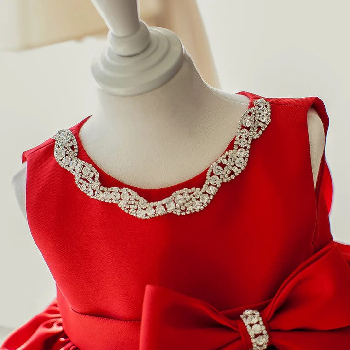 TinyTulle Red Satin A-Line Flower Girl Dress Birthday Dress with Bow &amp; Beaded Detail