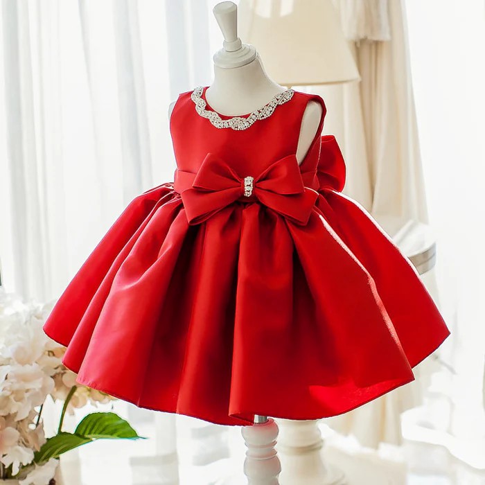 TinyTulle Red Satin A-Line Flower Girl Dress Birthday Dress with Bow &amp; Beaded Detail