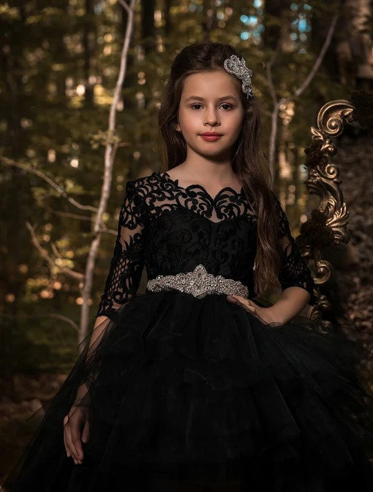 TinyTulle Princess Black Lace Asymmetrical Flower Girl Dress with Beaded Belt
