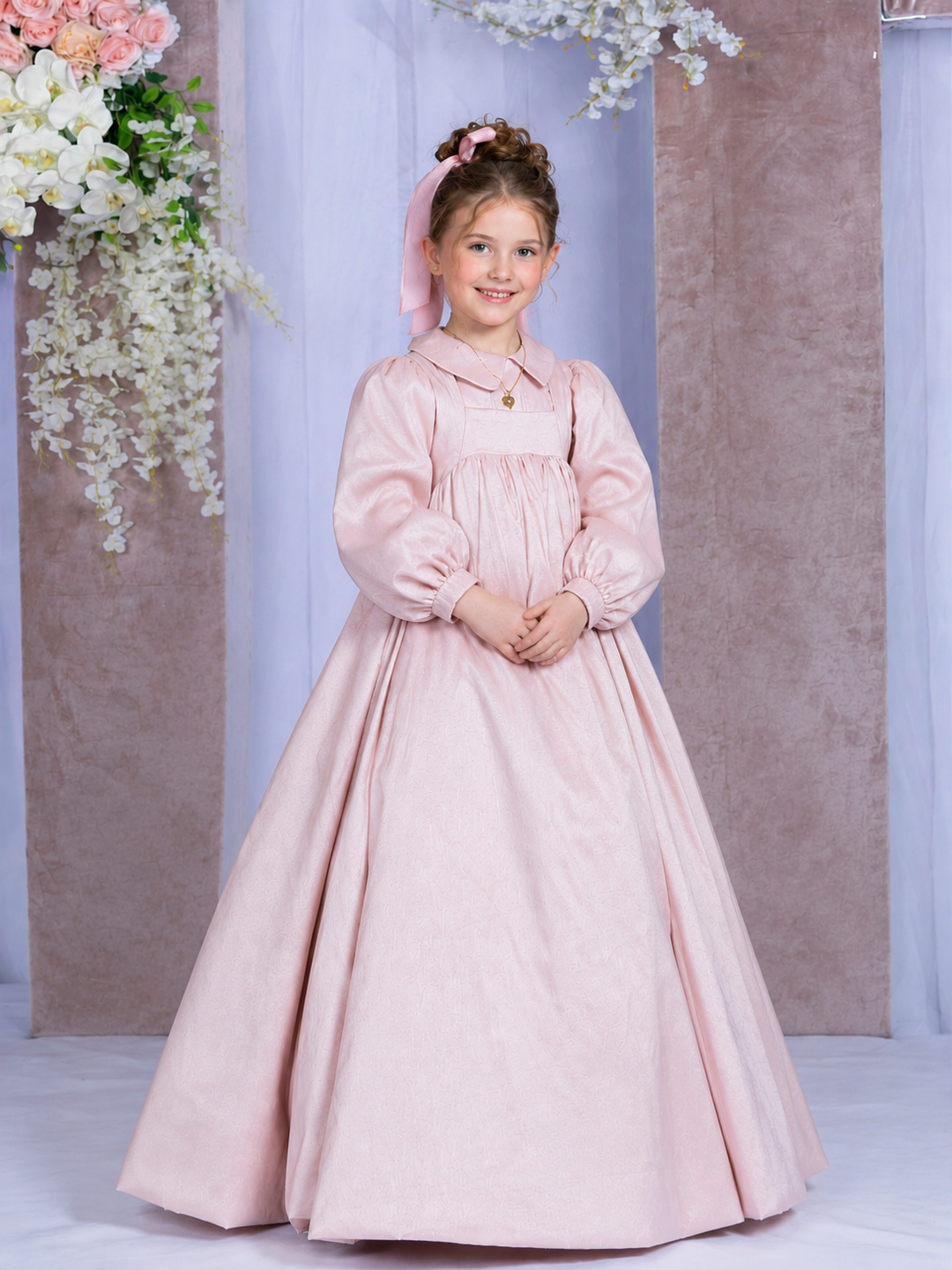 TinyTulle Elegant Blush Pink Satin Flower Girl Dress with Long Puff Sleeves