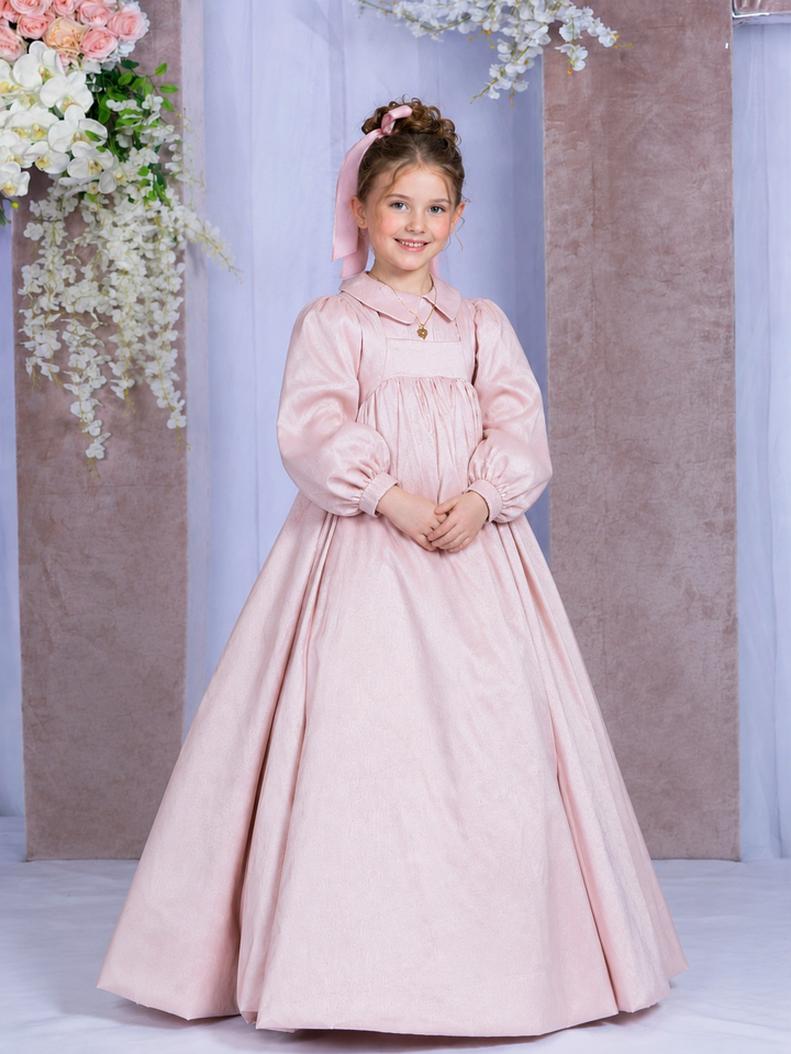 TinyTulle Elegant Blush Pink Satin Flower Girl Dress with Long Puff Sleeves