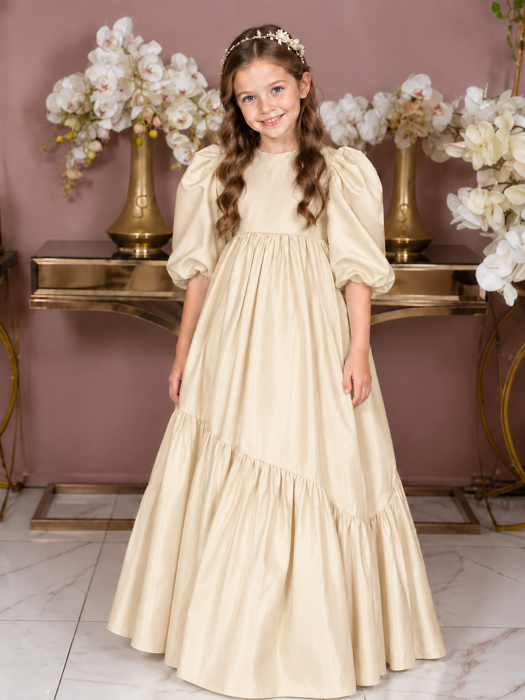 TinyTulle Mint Green Puff Sleeve Satin Flower Girl Dress with Oversized Bow