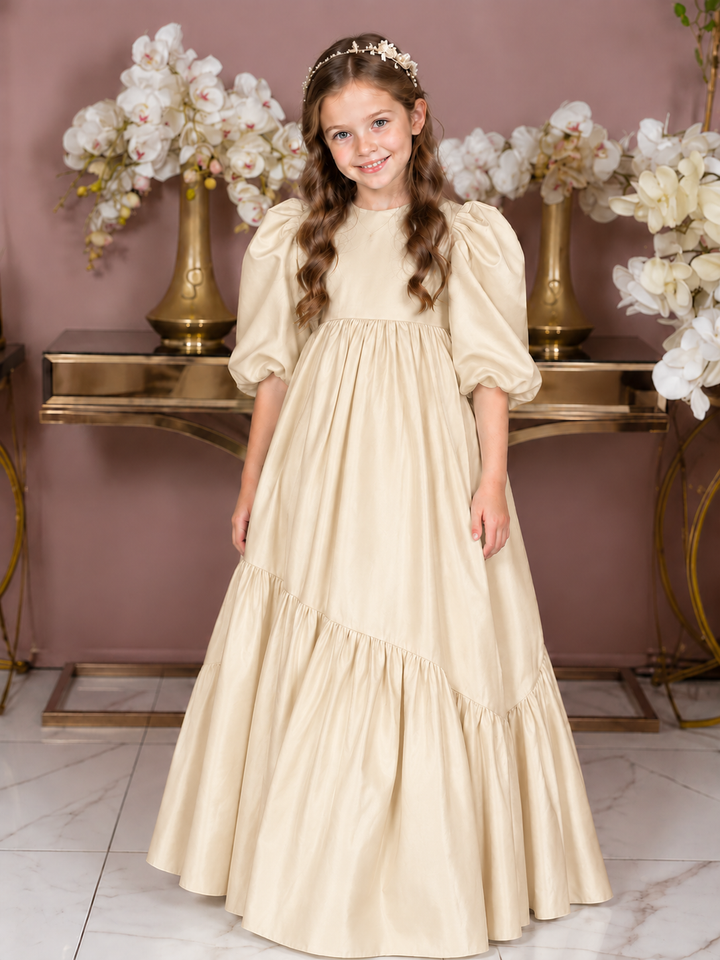 TinyTulle Mint Green Puff Sleeve Satin Flower Girl Dress with Oversized Bow