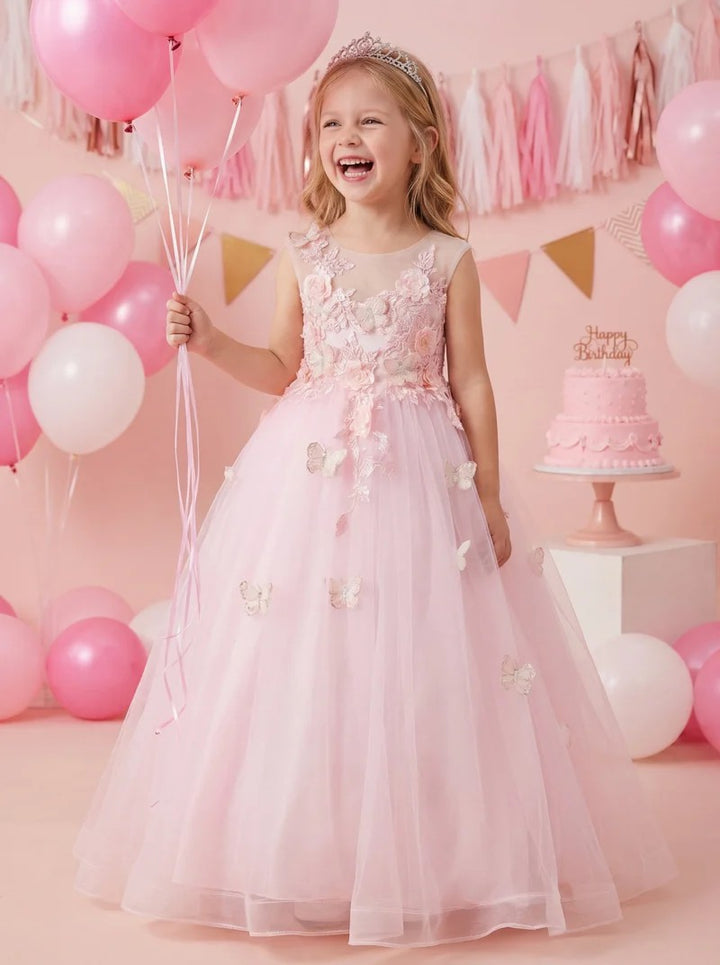 TinyTulle Dreamy Light Pink Tulle Ball Gown with 3D Butterfly Appliques