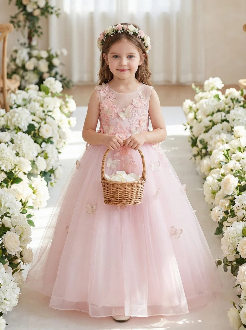 TinyTulle Dreamy Light Pink Tulle Ball Gown with 3D Butterfly Appliques
