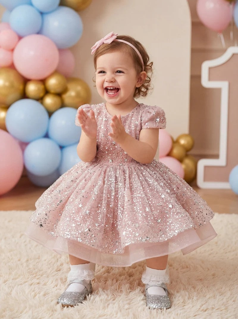 TinyTulle Sweet Pink Glitter Tulle Princess Baby Girl Dress with Star Sequins