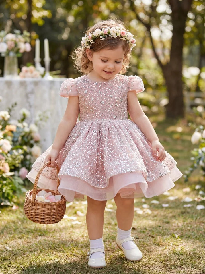 TinyTulle Sweet Pink Glitter Tulle Princess Baby Girl Dress with Star Sequins