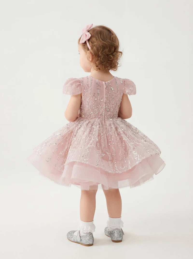 TinyTulle Sweet Pink Glitter Tulle Princess Baby Girl Dress with Star Sequins