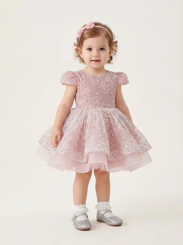 TinyTulle Sweet Pink Glitter Tulle Princess Baby Girl Dress with Star Sequins