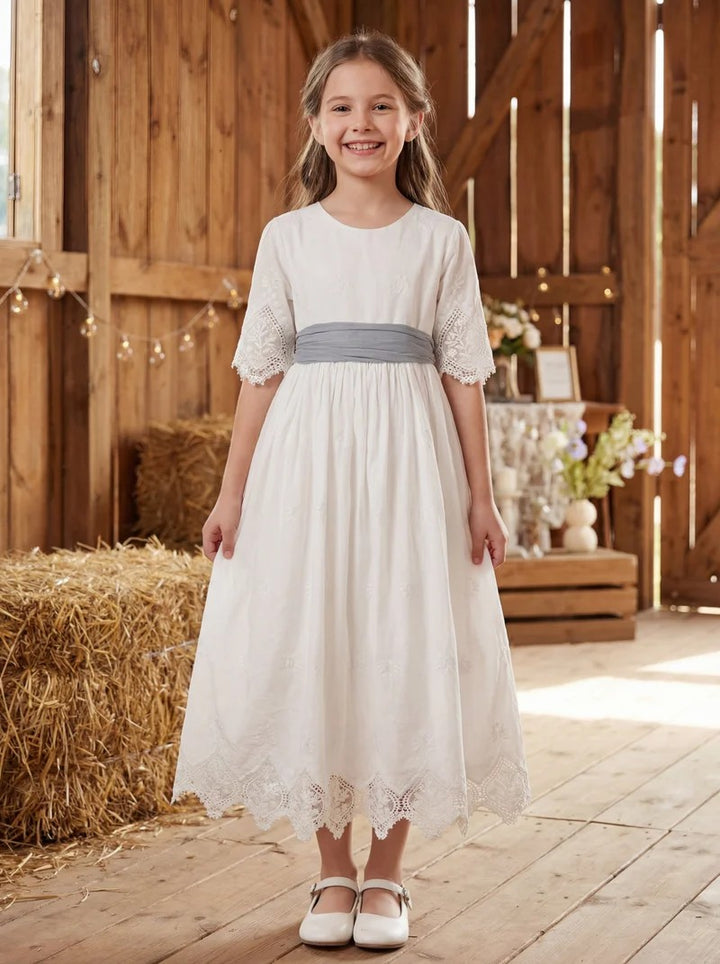 TinyTulle Ivory Lace Flower Girl Dress with Half Sleeves and Grey Sash for First Communion