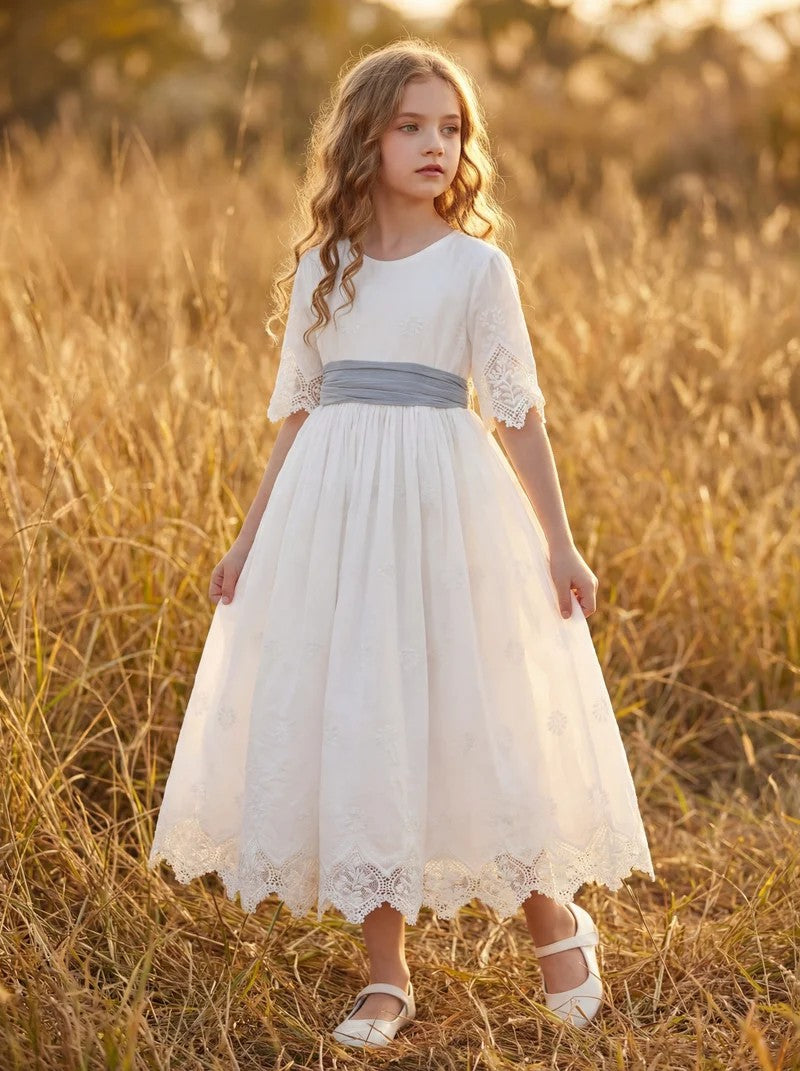 TinyTulle Ivory Lace Flower Girl Dress with Half Sleeves and Grey Sash for First Communion