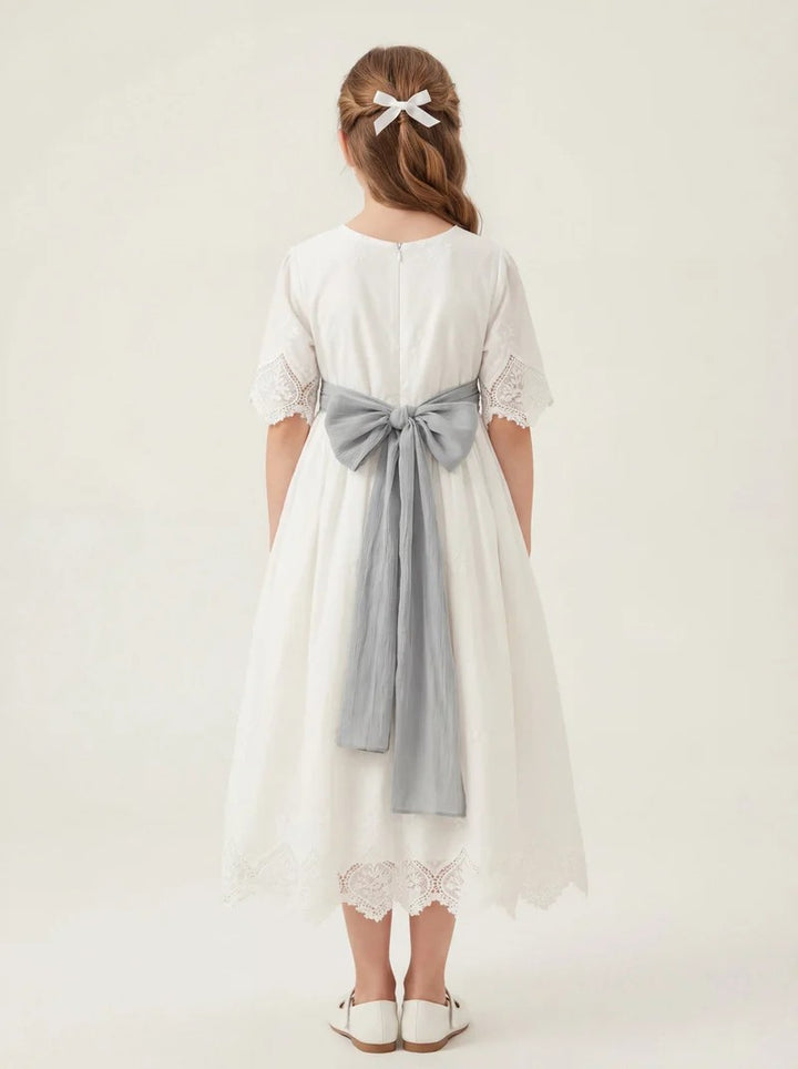 TinyTulle Ivory Lace Flower Girl Dress with Half Sleeves and Grey Sash for First Communion