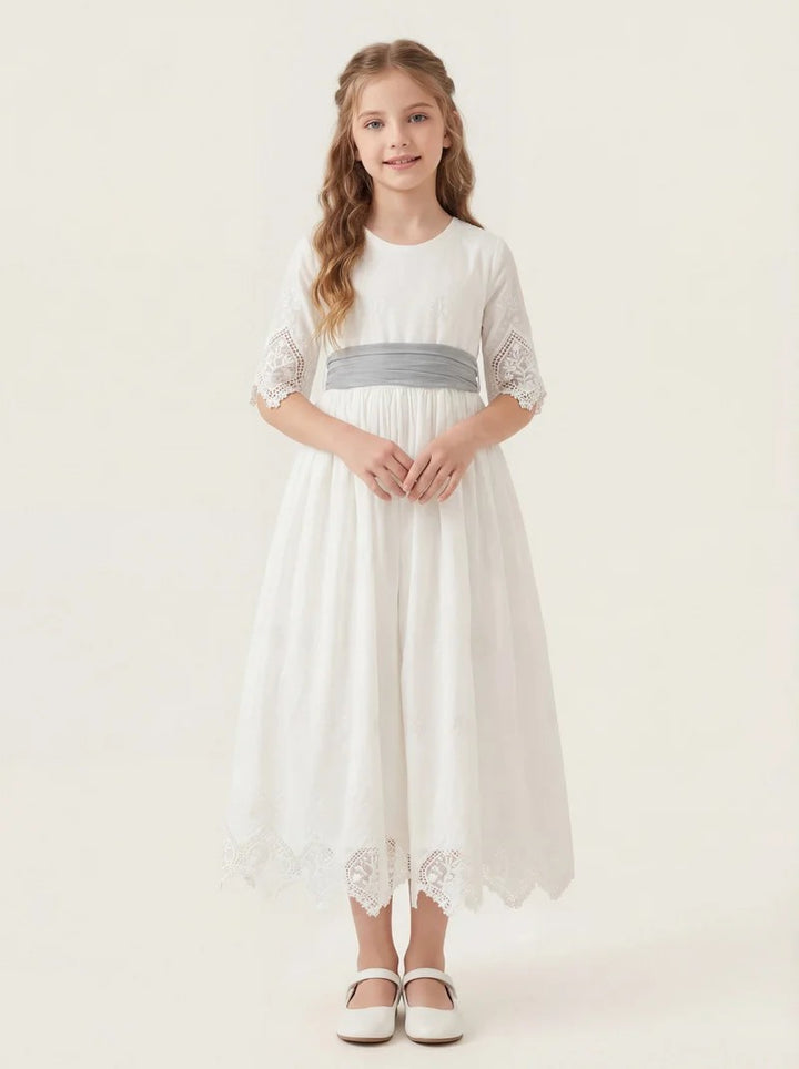 TinyTulle Ivory Lace Flower Girl Dress with Half Sleeves and Grey Sash for First Communion