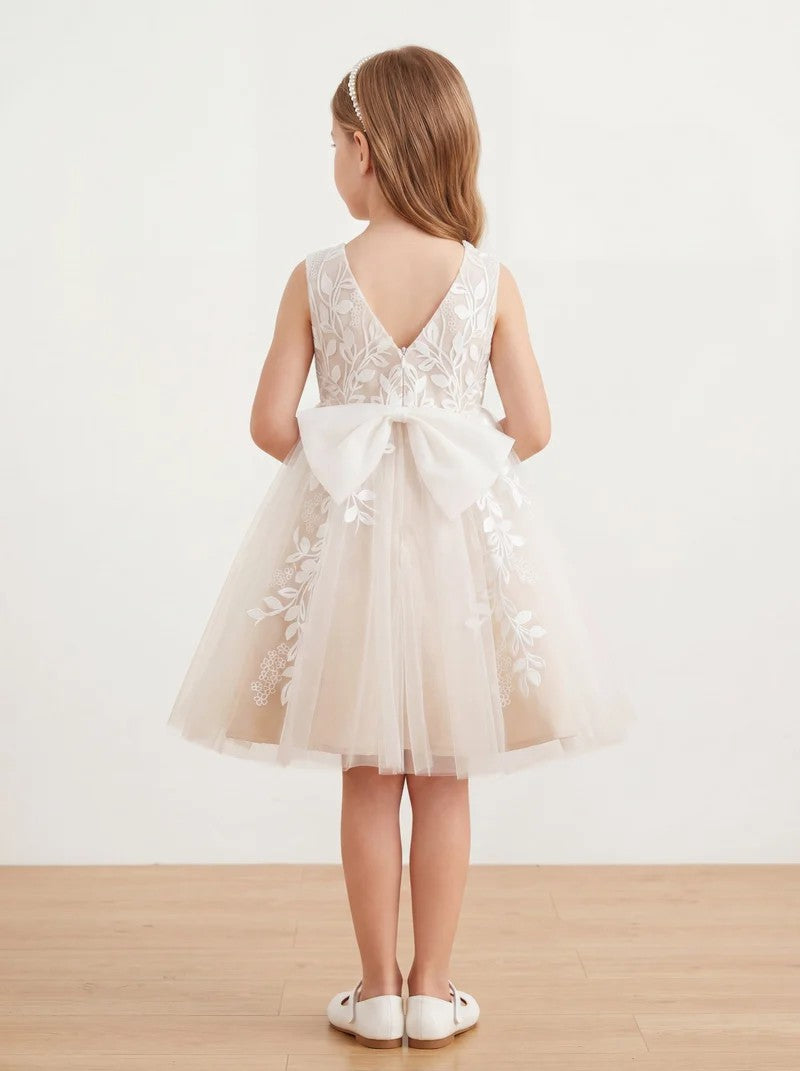 TinyTulle Elegant Ivory &amp; Champagne Tulle A-Line Flower Girl Dress with Floral Lace Appliqués
