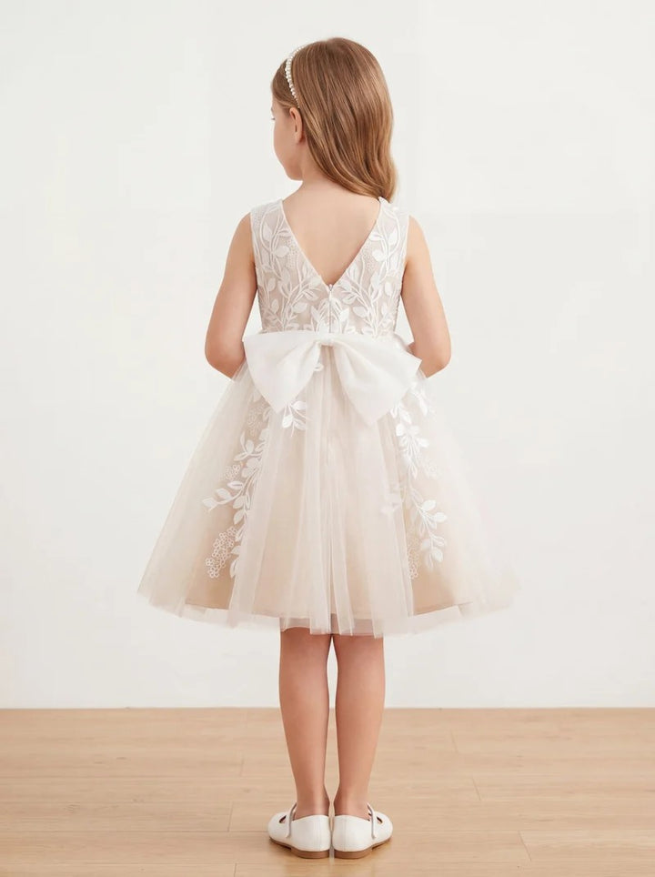 TinyTulle Elegant Ivory &amp; Champagne Tulle A-Line Flower Girl Dress with Floral Lace Appliqués