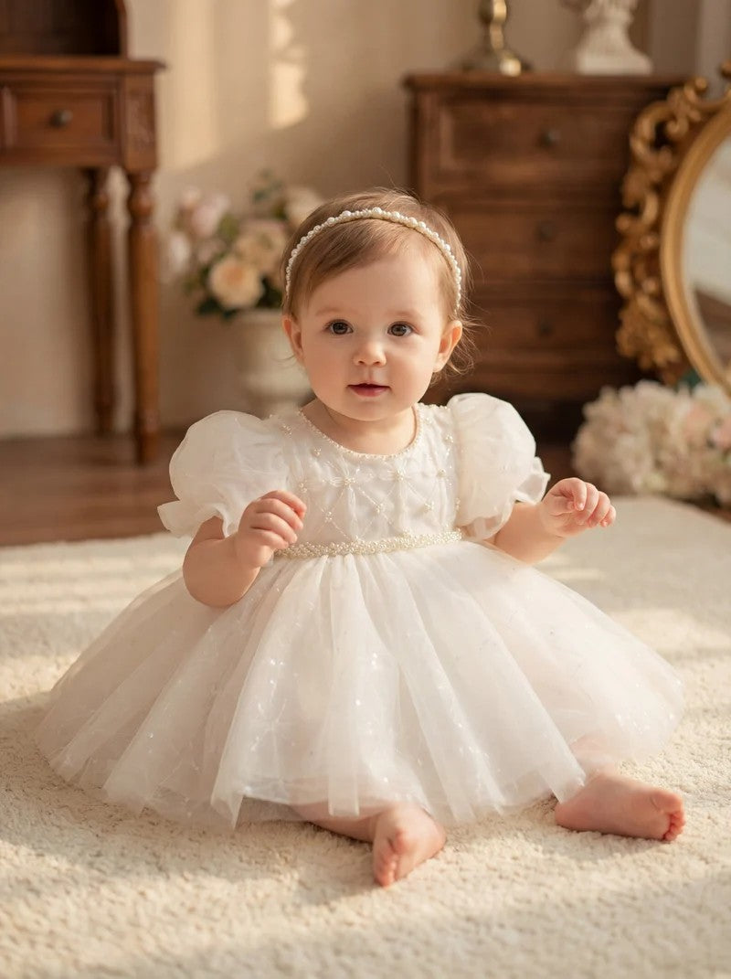 TinyTulle Ivory Pearl Lattice Tulle Baby Girl Dress First Birthday Baptism Gown