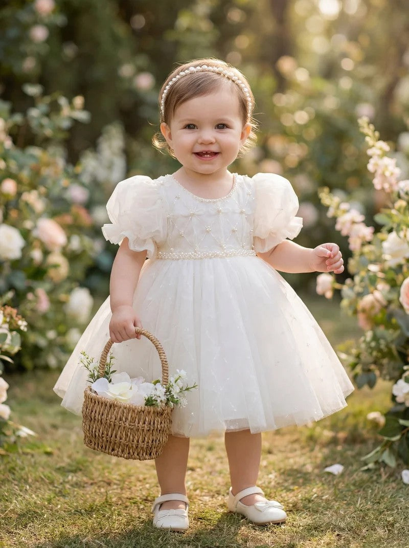 TinyTulle Ivory Pearl Lattice Tulle Baby Girl Dress First Birthday Baptism Gown