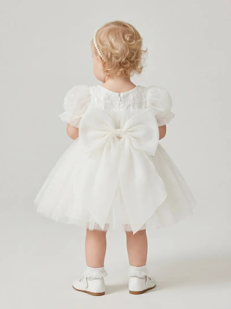TinyTulle Ivory Pearl Lattice Tulle Baby Girl Dress First Birthday Baptism Gown