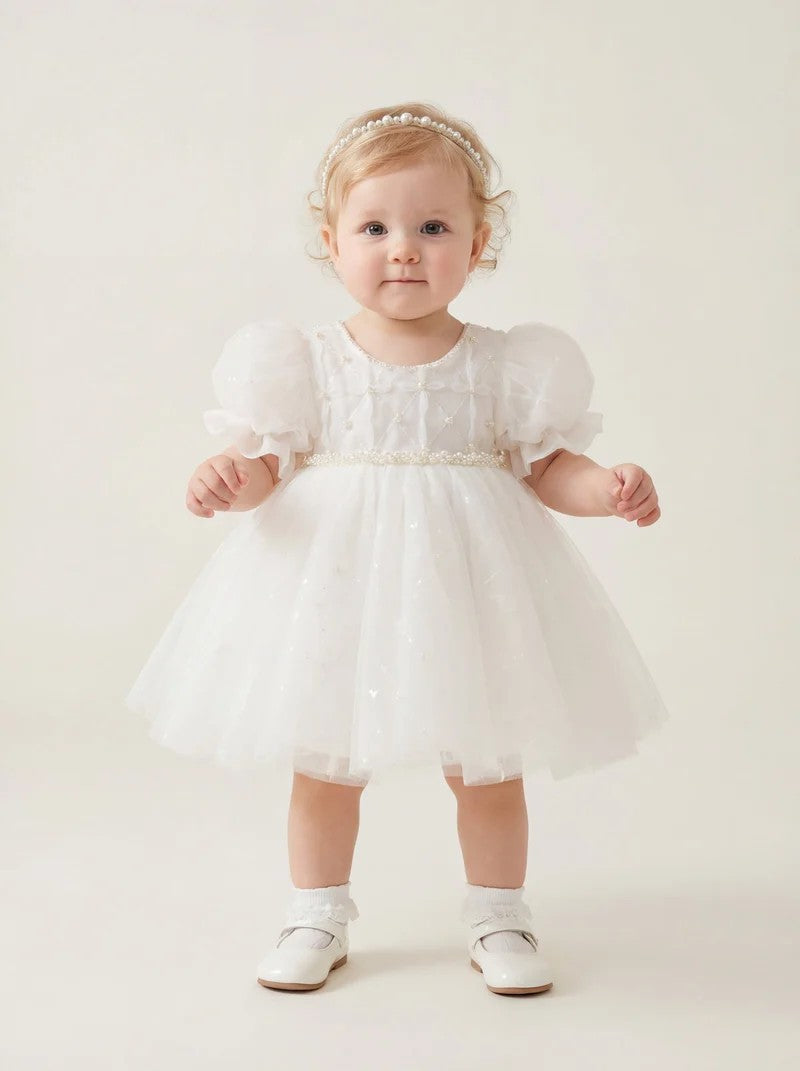 TinyTulle Ivory Pearl Lattice Tulle Baby Girl Dress First Birthday Baptism Gown