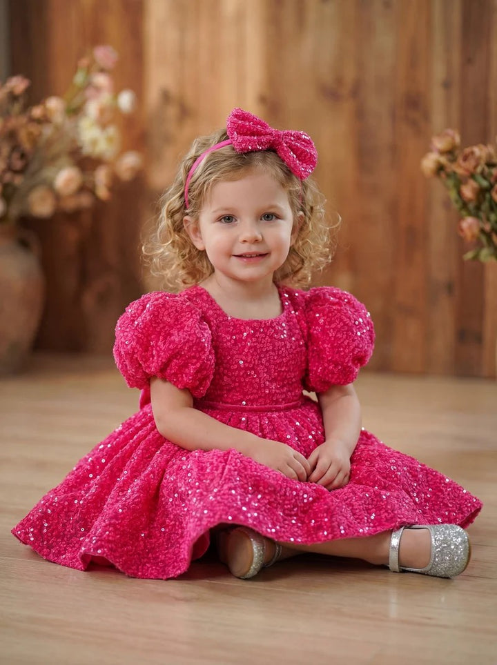 TinyTulle Hot Pink Sequin Puff Sleeve Flower Girl Dress with Velvet Bow for Birthday &amp; Pageant