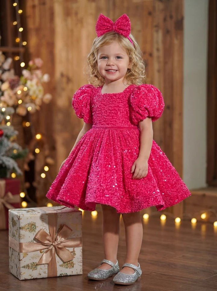 TinyTulle Hot Pink Sequin Puff Sleeve Flower Girl Dress with Velvet Bow for Birthday &amp; Pageant